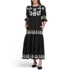 CAROLINE CONSTAS Black Linen Blend Embroidery Maxi Dress